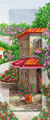 House with a red roof and flowers - A-331c