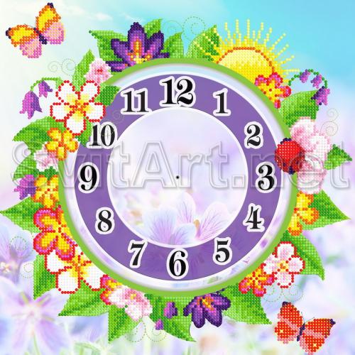 Purple clock with flowers and butterflies - CH-006