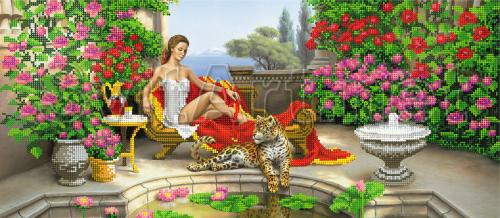 A woman with a leopard near a flower garden - A-306