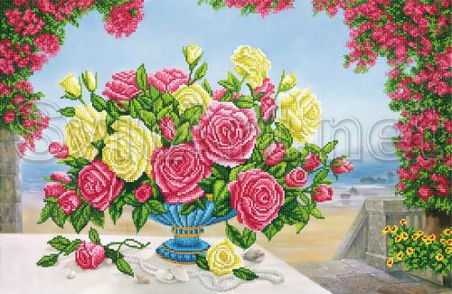 Multicolored roses in a vase on the veranda - SI-721