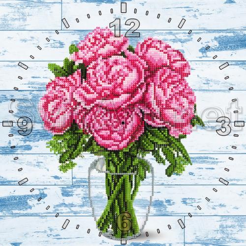 Clock with a bouquet of scarlet roses - CR-004