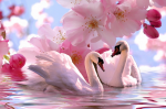 Pink swans and pink flowers - F-231